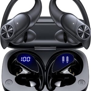 pocbuds bluetooth headphones wireless earbuds 80hrs playtime wireless charging case digital display sports ear buds with earhook deep bass ipx7 waterproof over ear earphones for tv phone laptop black