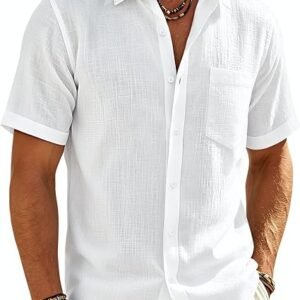 linen shirts for men short sleeve button down casual shirt cotton beach summer collared top with pocket